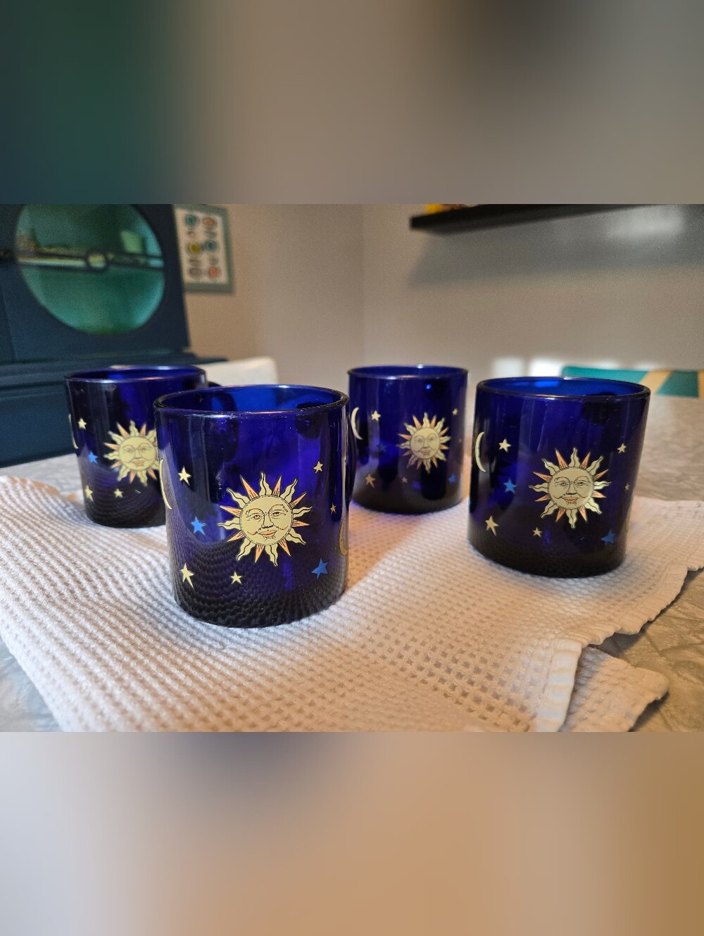 1990s Libbey Colbalt Blue Celestial Sun and Moon Mugs (set of 4)